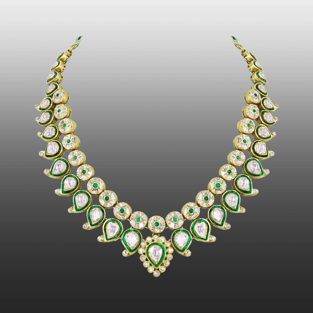 Green Enamel Polki Necklace with Bud Design